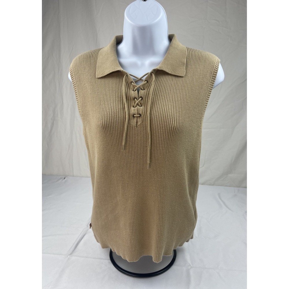 Lauren Ralph‎ Lauren Petite PM Rib Knit Sleeveless Lace Up Sweater Beige Cotton